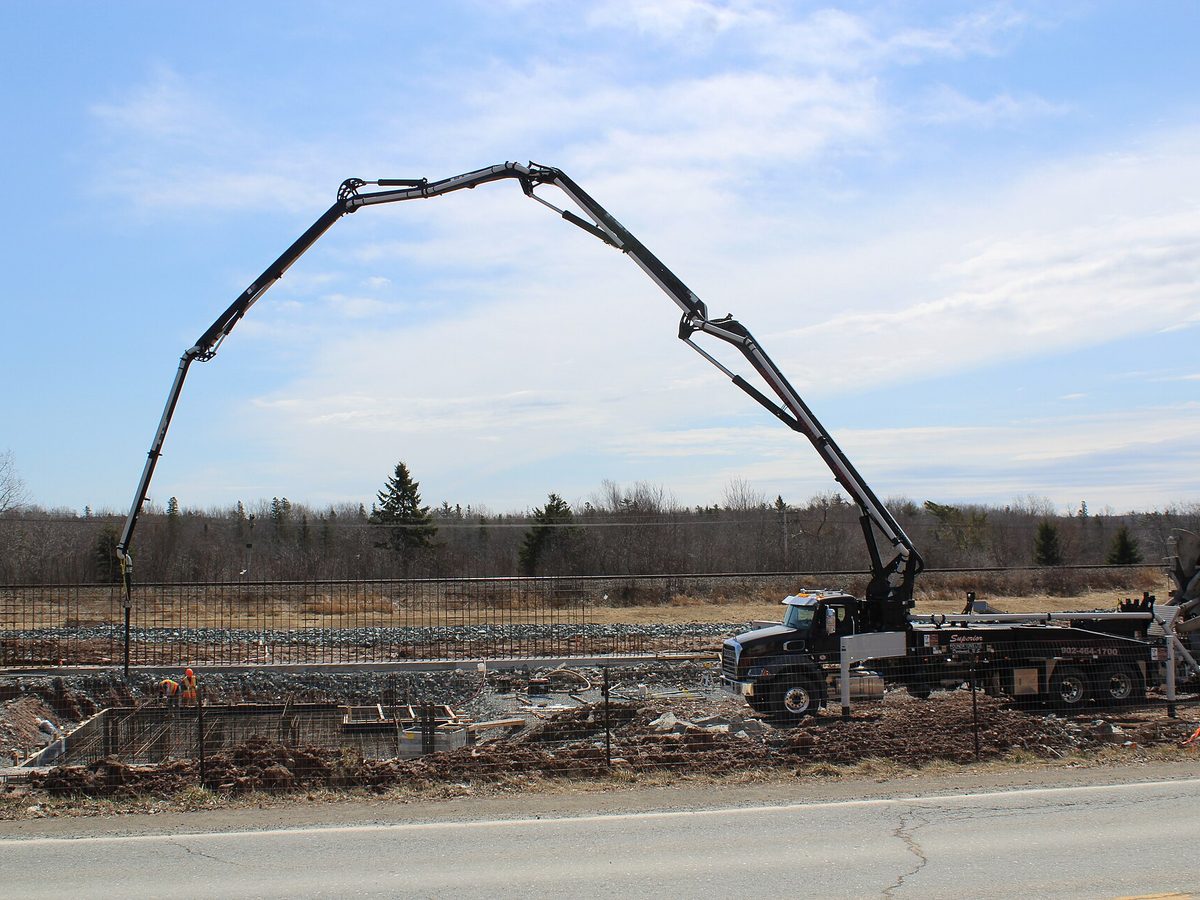 A concrete pump truck on a pour